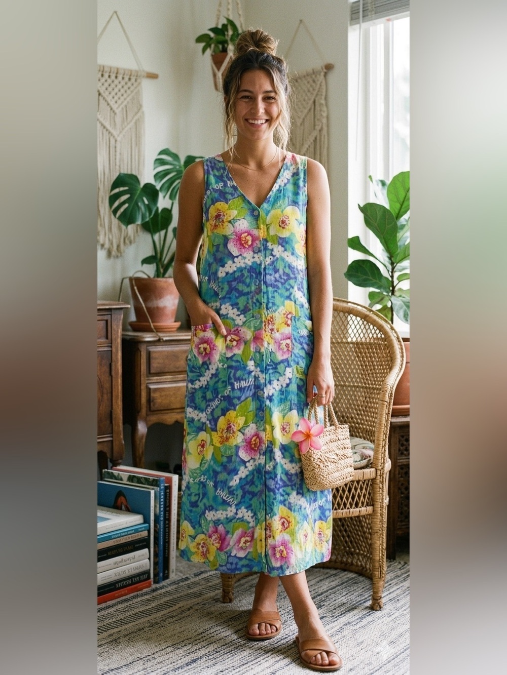 Vintage Jams World Orchids of Hawaii Midi Dress S 100% Rayón